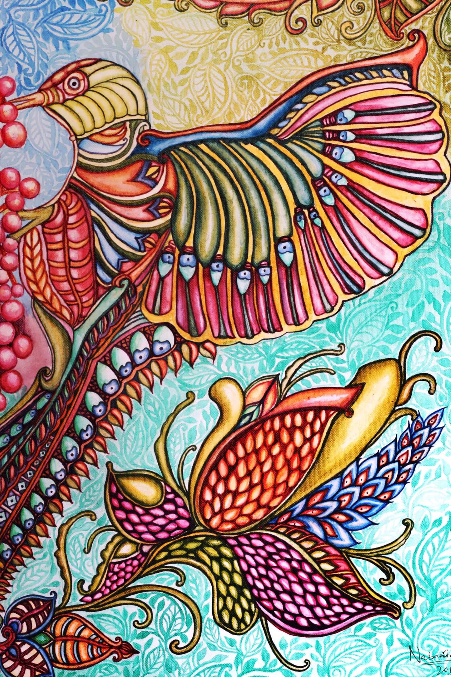 Bird With Flowers Acrylic Painting on Stretched Canvas Acrylic Painting Art by Nabanita Ray bird-flowers-acrylic-painting