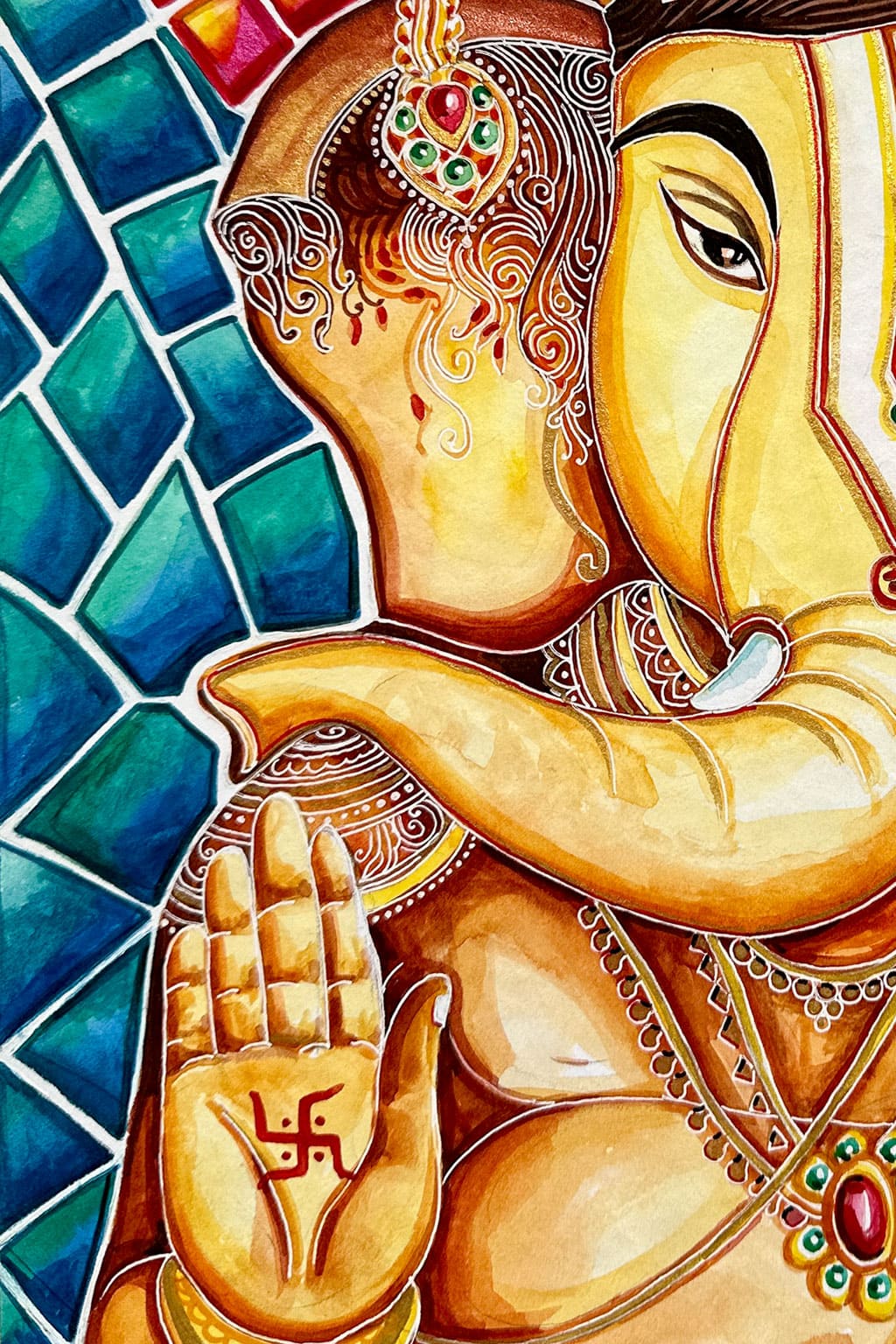 Serene Divinity: Ganesha in Vibrant Watercolor Watercolor painting Art by Nabanita Ray divine-elegance-traditional-watercolor-painting-of-ganesha-copy