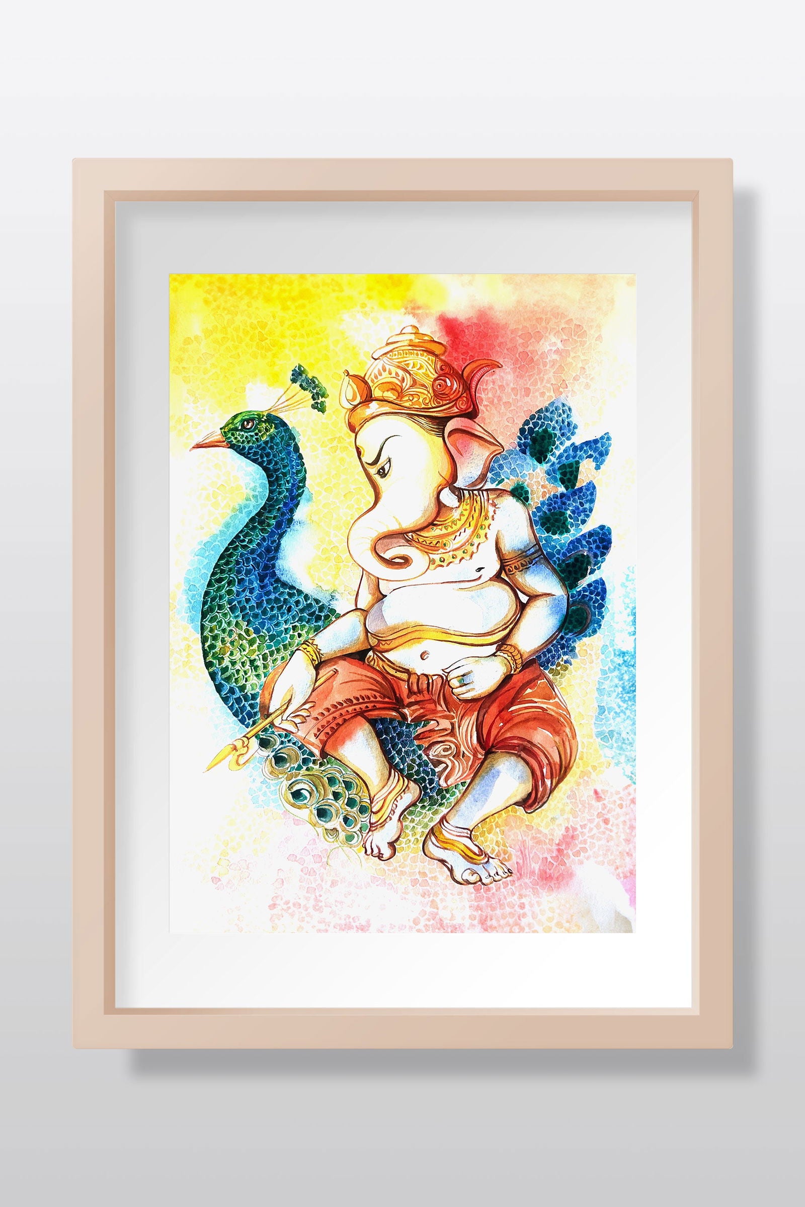Ganesh's Grace: Vibrant Watercolor of the Elephant God on a Peacock Watercolor painting Art by Rajendra Ray ganesh-watercolor-painting-original-art-unique-home-decor-piece