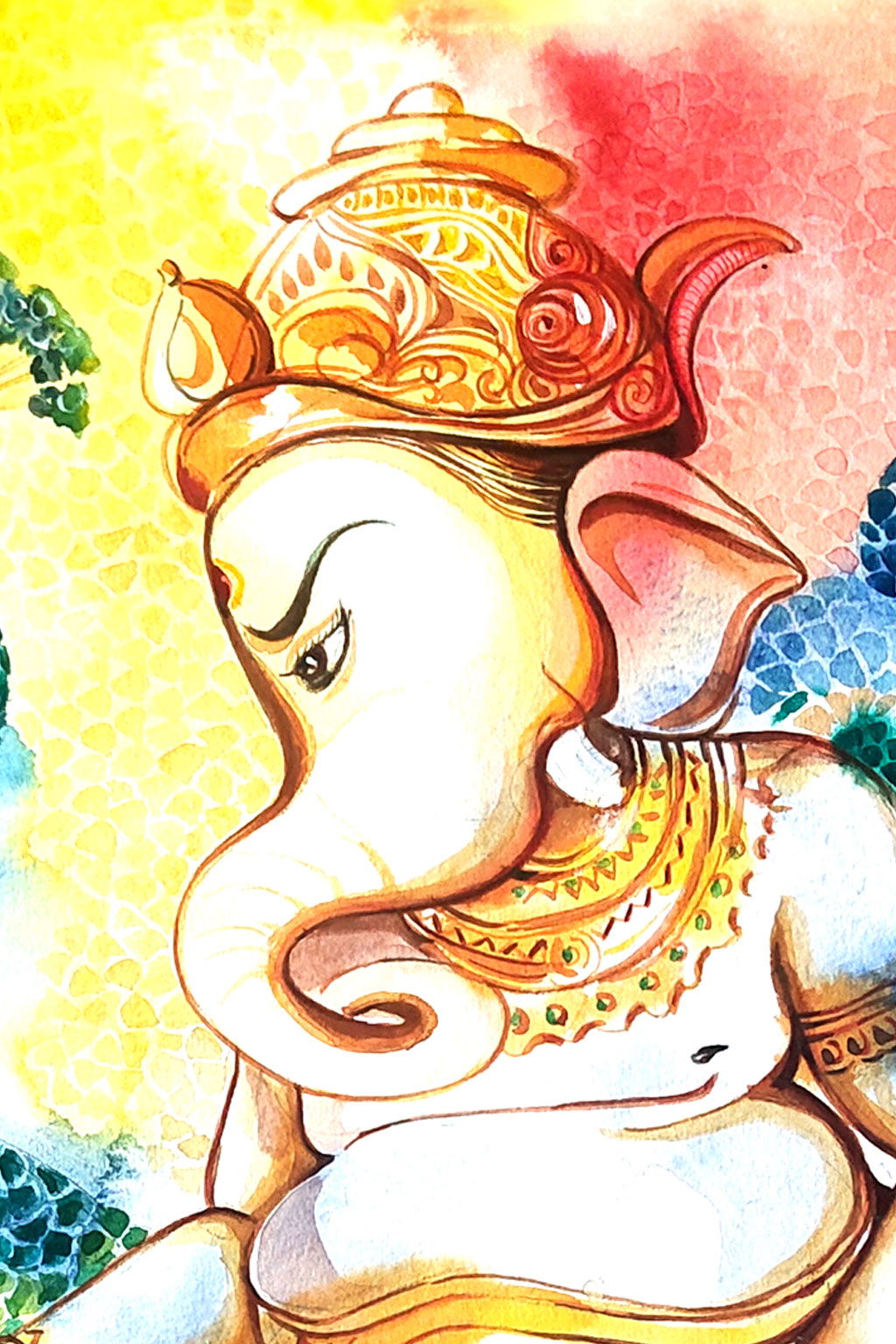 Ganesh's Grace: Vibrant Watercolor of the Elephant God on a Peacock Watercolor painting Art by Rajendra Ray ganesh-watercolor-painting-original-art-unique-home-decor-piece