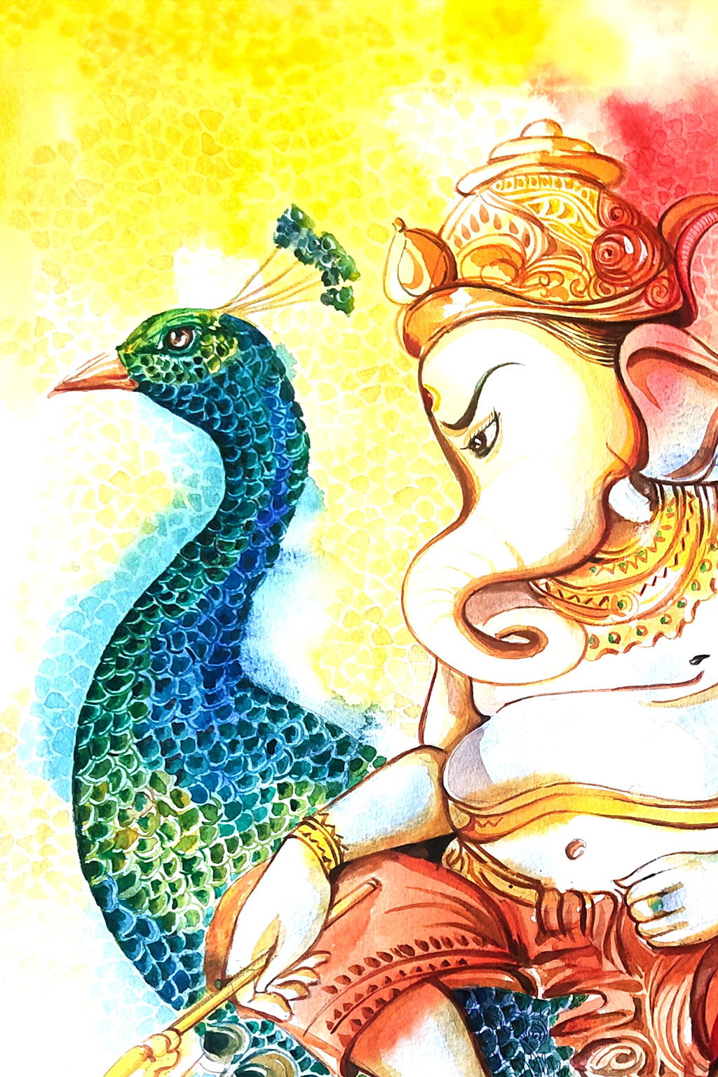 Ganesh's Grace: Vibrant Watercolor of the Elephant God on a Peacock Watercolor painting Art by Rajendra Ray ganesh-watercolor-painting-original-art-unique-home-decor-piece