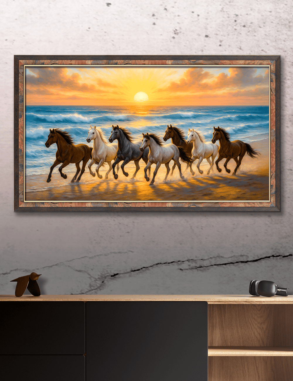 7 Horses with Rising Sun – Digital Vastu Artwork for Prosperity & Success (24x48inc)