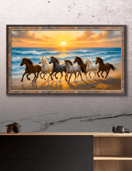 7 Horses with Rising Sun – Digital Vastu Artwork for Prosperity & Success (24x48inc)
