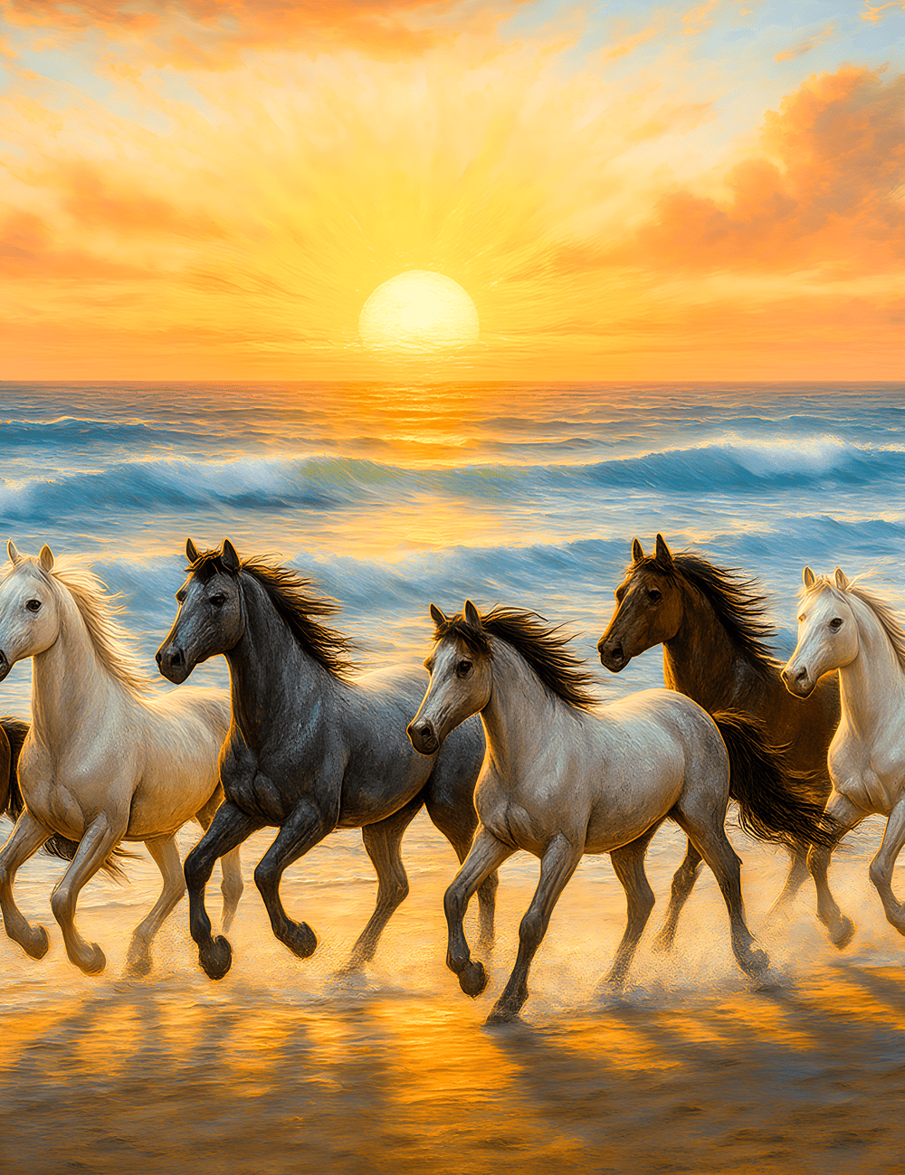 7 Horses with Rising Sun – Digital Vastu Artwork for Prosperity & Success (24x48inc)